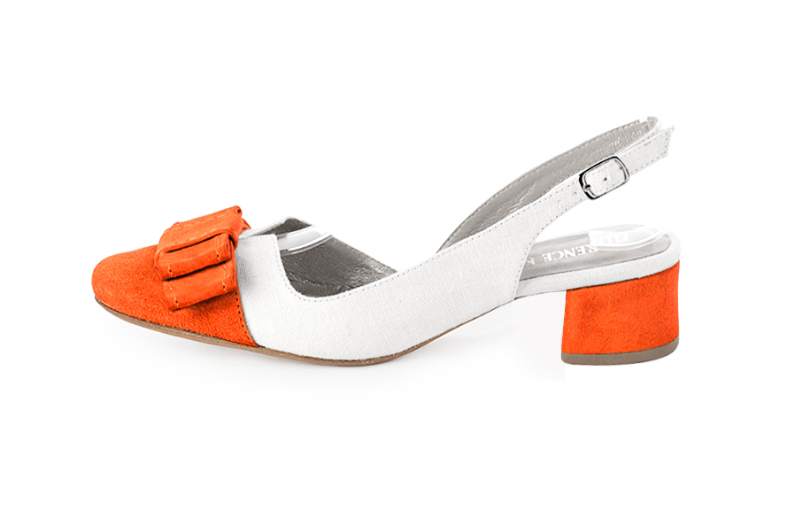French elegance and refinement for these clementine orange and pure white dress slingback shoes, with a knot, 
                available in many subtle leather and colour combinations. The pretty French spirit of this beautiful pump will accompany your steps nicely and comfortably.
To be personalized or not, with your materials and colors.  
                Matching clutches for parties, ceremonies and weddings.   
                You can customize these shoes to perfectly match your tastes or needs, and have a unique model.  
                Choice of leathers, colours, knots and heels. 
                Wide range of materials and shades carefully chosen.  
                Rich collection of flat, low, mid and high heels.  
                Small and large shoe sizes - Florence KOOIJMAN